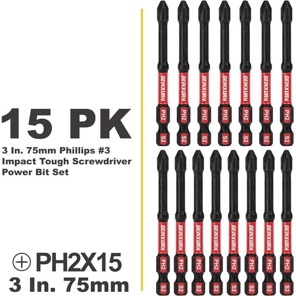 TYHREF-Impact Tough #2 Phillips 3 in. D2 Steel Long Extension Insert Driver Bits,15Pack 1/4 Inch Hex Shank Long Cross Magnetic PH2 Screwdriver Bits Set