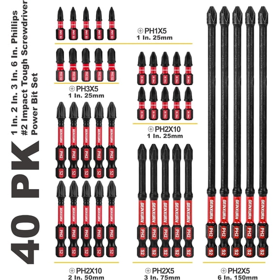 TYHREF-Impact Tough Mixed #1#2#3 Phillips D2 Steel Long Extension Insert Driver Bits, 40Pack 1/4 Inch Hex Shank Long Cross Magnetic PH1/PH2/PH3 Screwdriver Bits Set