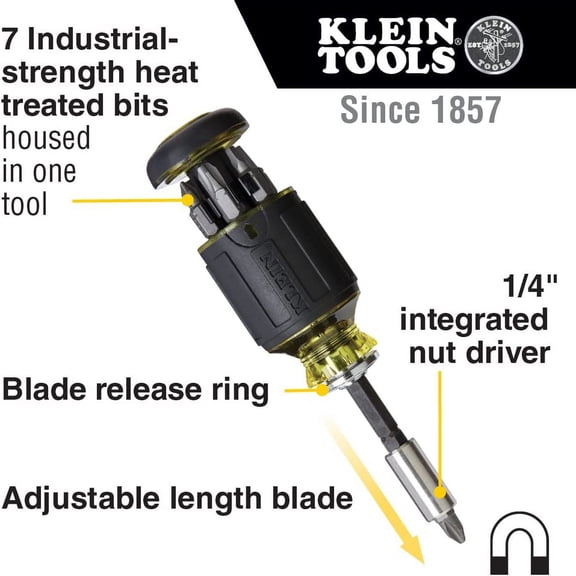 TYHREF-Klein Tools 32308 Multi-bit Stubby Screwdriver, Impact Rated 8-in-1 Adjustable Magnetic Tool with Phillips, Slotted, Square and Nut Driver