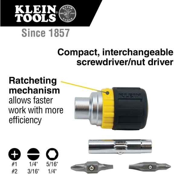 TYHREF-Klein Tools 32593 Multi-bit Ratcheting Screwdriver, 6-in-1 Stubby Tool with Phillips and Slotted Bits and 2 Nut Driver Sizes