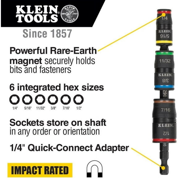 TYHREF-Klein Tools 32907 Impact Driver, 7-in-1 SAE Impact Socket Set, Flip Socket Set with 1/4, 5/16, 11/32, 3/8, 7/16 and 1/2-Inch Nut Driver Sizes and 1/4-Inch Bit Holder, 5-Inch Shaft