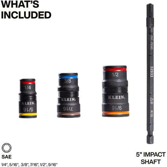 TYHREF-Klein Tools 32933 Klein Tools 32933 Impact Driver, SAE 7-in-1 Impact Rated Socket Set, 3 Flip Sockets with 6 Hex Driver Sizes and 1/4-Inch Bit Holder, 5-Inch Shaft