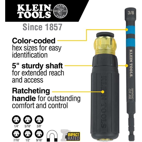 TYHREF-Klein Tools 38PNDHC 3/8-Inch Magnetic Color-Coded Power Nut Driver, SAE, Impact-Rated Hollow Nut Driver with 5-Inch Extended Reach Shaft