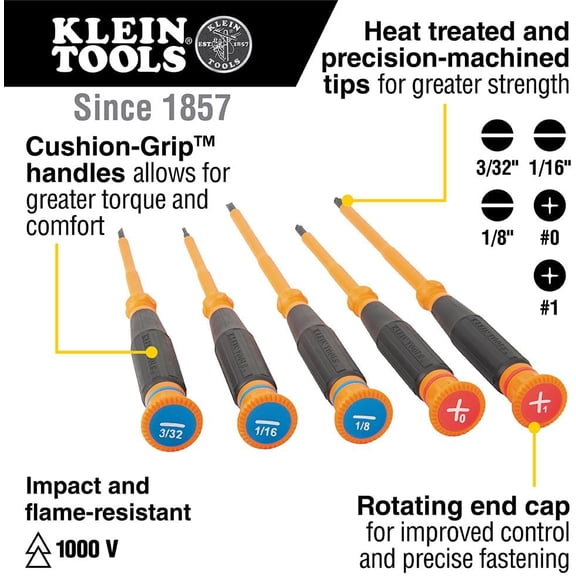 TYHREF-Klein Tools 6264INS Insulated Precision Screwdriver, #1 Phillips Mini Electrician Screwdriver, 1000-Volt Cushion Grip Handle