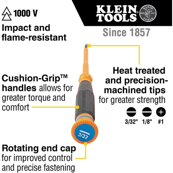 TYHREF-Klein Tools 6273INS Insulated Precision Screwdriver, 1/16-Inch Mini Electrician Screwdriver, 1000-Volt Cushion Grip Handle