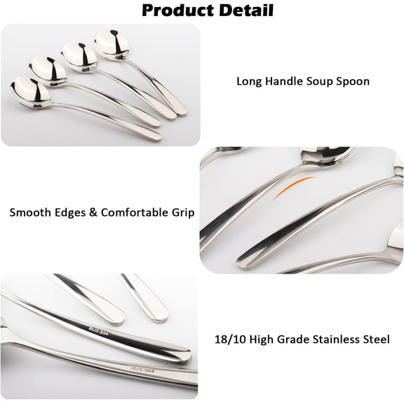 TYHREF-Korean Soup Spoon 18/10 Stainless Steel: Large Round Soup Spoons - 7 inch Long Handle Dinner Rice Soup Spoon Set for Home Kitchen Restaurant - 4 PCS