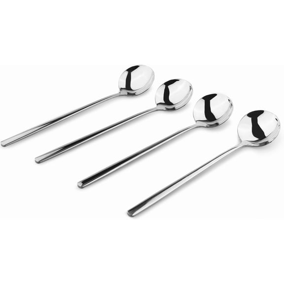 TYHREF-Korean Soup Spoons with Long Handles: 18/10 Stainless Steel 7.67'' Large Round Soup Spoons,4 Pack Asian Metal Dinner Spoon Set with Round Edge for Coffee,Desserts,Dishwasher Safe