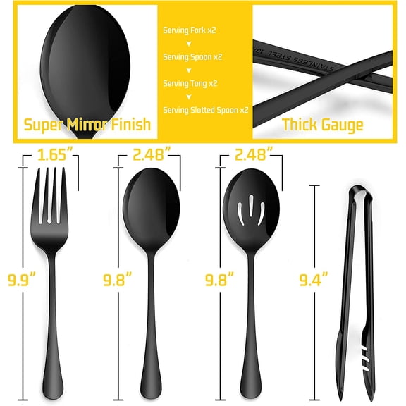 TYHREF-Large Black Serving Utensils Set of 8, Stainless Steel 9.8 Inch Serving Spoon Slotted Spoon, 9.9 Inch Fork, 9.4 Inch Tong for Buffet Catering, Mirror Finish & Dishwasher Safe