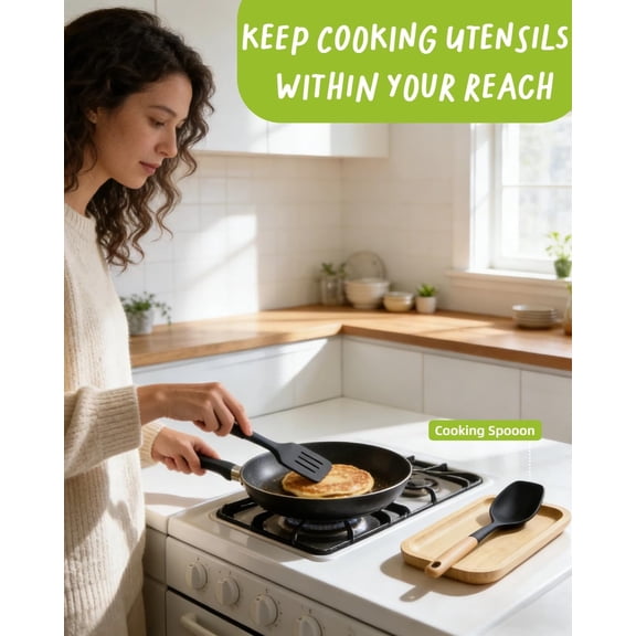 TYHREF-Large Wooden Spoon Rest, 9.7'' Stove Top Bamboo Spoon Holder, Kitchen Counter Cooking Utensils Rest, Farmhouse Small Food Serving Tray for Spatulas, Spoons,Turners, Ladles and Teaspoons