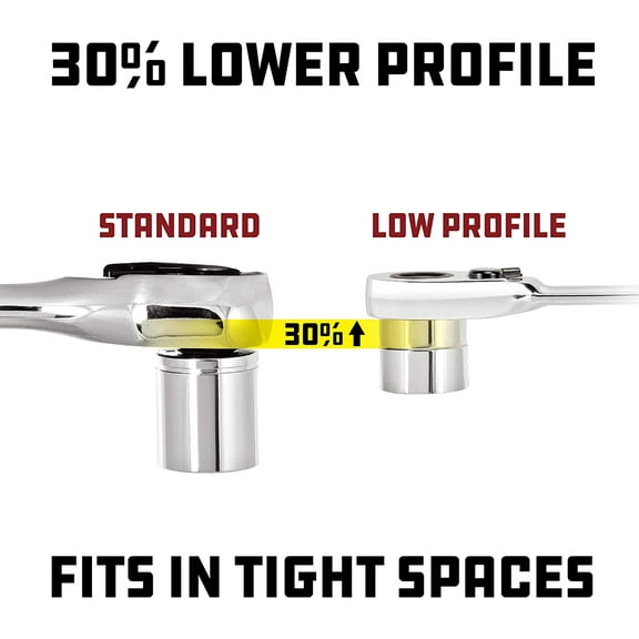 TYHREF-Low Profile Ratchet, 3/8 Inch Drive, Slim Design Tight Spaces, Quick Thumb Button Socket Release, 649975, Silver