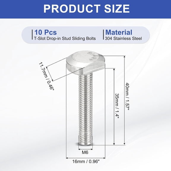 TYHREF-M6 x 35 mm T Slot Bolts, 10 Pcs 304 Stainless Steel Drop-in Bolt T Shape Stud Sliding Screw Metric Thread Hammer Head Bolt for T Track, Silver
