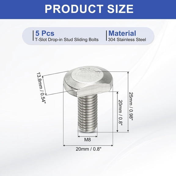 TYHREF-M8 x 20 mm T Slot Bolts, 5 Pcs 304 Stainless Steel Drop-in Bolt T Shape Stud Sliding Screw Metric Thread Hammer Head Bolt for T Track, Silver