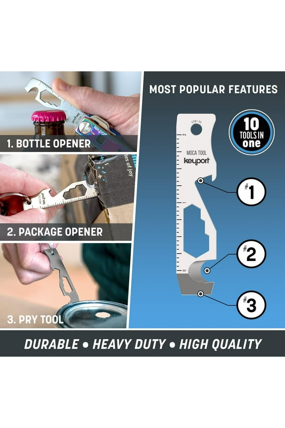 -MOCA 10-in-1 Keychain Multitool (Stainless) | EDC Multi Tool: Pry Bar, Bottle Opener, Screwdriver, Box Opener, Cord Cutter & More | TSA Key Tool | EDC Gear | For Key Organizer & Key Chain