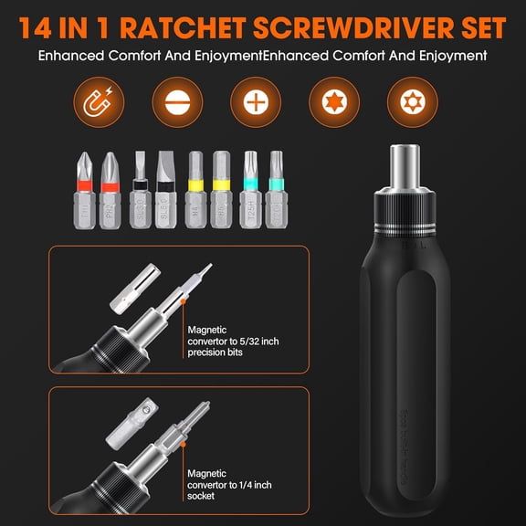 TYHREF- Magnetic 12-in-1 Household Ratcheting Screwdriver Set - Professional Tool kit for Home Improvement (Ratchet-14 in 1)