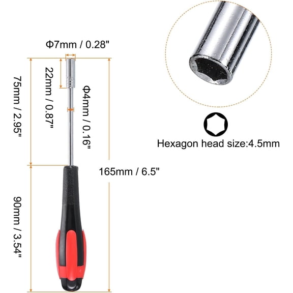 TYHREF-Metric Nut Driver 4.5mm Dia 75mm Shank Non-Magnetic 6 Point Hex Socket Screwdriver with Non-Slip Handle for Tightening and Loosening Fasteners