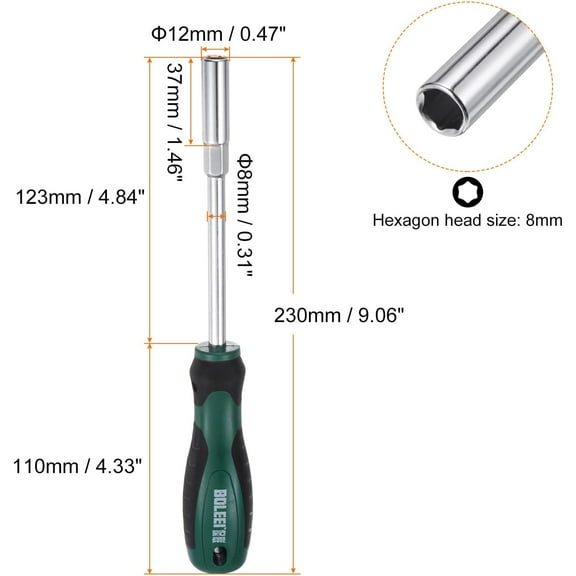 TYHREF-Metric Nut Driver 8mm CR-V Non-Magnetic Tip Hollow Shafts Hex Socket Screwdriver with Non-Slip Handle for Automobile Repair