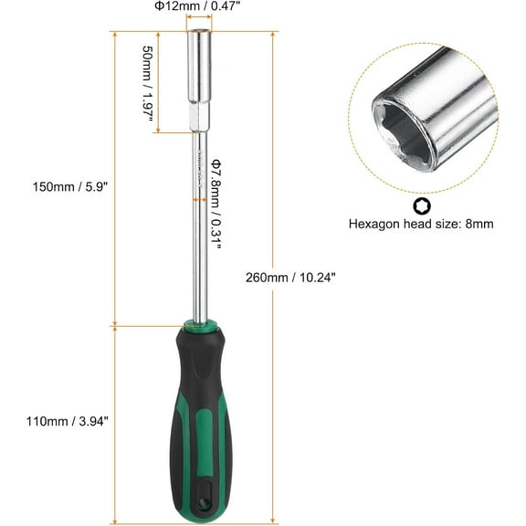 TYHREF-Metric Nut Driver 8mm Dia 150mm Round Shank CR-V 6 Point Hex Hexagon Socket Wrench Screwdriver with Non-Slip Handle for Tightening and Loosening Fasteners