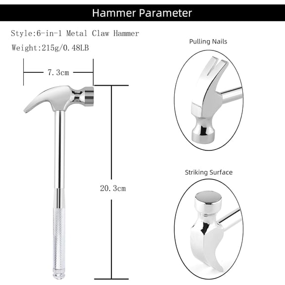 TYHREF-Mini Metal Hammer 6 in 1 with Slotted/Flat Head Phillips Screwdriver Claw Hammer Manual, Portable Multifunction Tool Hammer (Silver)