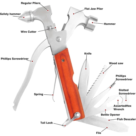 TYHREF-Multi-Purpose Outdoor Tools, Camping Gear, 16-in-1 Camping Accessories Multi-Tool Hammers, Easy to Carry Camping Tools including Safety Hammers, Pliers, Bottle Openers, etc.