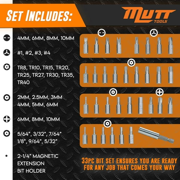 TYHREF-Mutt Tools 33pc Security Bit Set - Complete Torx Security Screwdriver Set with Tamper Proof Bits - Star Bits, Hex, Spanner, Tri-Wing & Torq - Professional Security Torx Bit Set