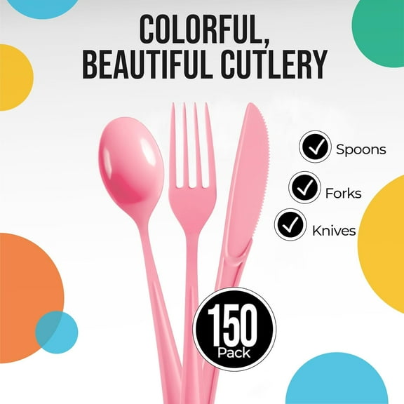 TYHREF-Party Solids Pink Plastic Silverware Heavy Duty 150 Pieces Pink Disposable Silverware Heavy Duty, Utensil Sets, 50 Of Each Forks, Knives & Spoons Disposable Cutlery Set For Party Supplies