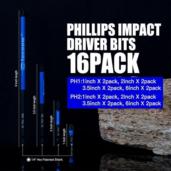 TYHREF-Phillips Impact Driver Bits, #2&1 Phillips Head Magnetic Screwdriver Bits Set, 1-6 S2 Steel Impact Bits, 1/4" Hex Shank Screwdriver Drill Bit, CNC Machined ph2 Impact Drill Bits, 16 Pack