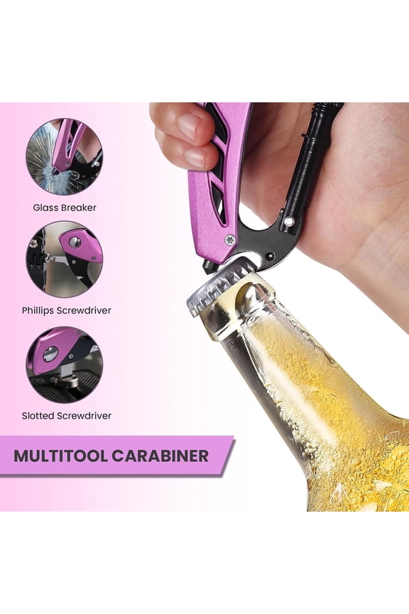 -Pink Multitool Carabiner, Stocking Stuffers Gifts for Mom Women Wife, 6-in-1 Keychain Multi Tools with Window Breaker, Bottle Opener and Screwdriver, EDC Gear Gadget for Camping Hiking
