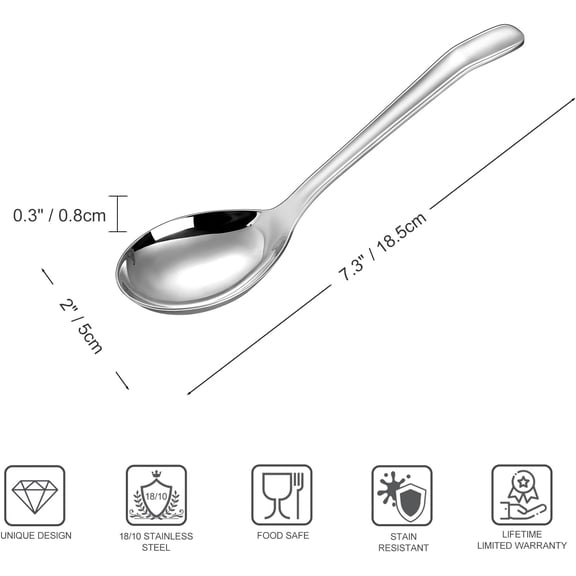 TYHREF-Premium 7.3 Inches Soup Spoons with Hook Handle, Set of 4, 18/10 Stainless Steel, Deep Bowl, Perfect for Ramen, Pho, Miso, Dumplings, Noodles, Wonton, Dishwasher Safe (Curved-Handle)