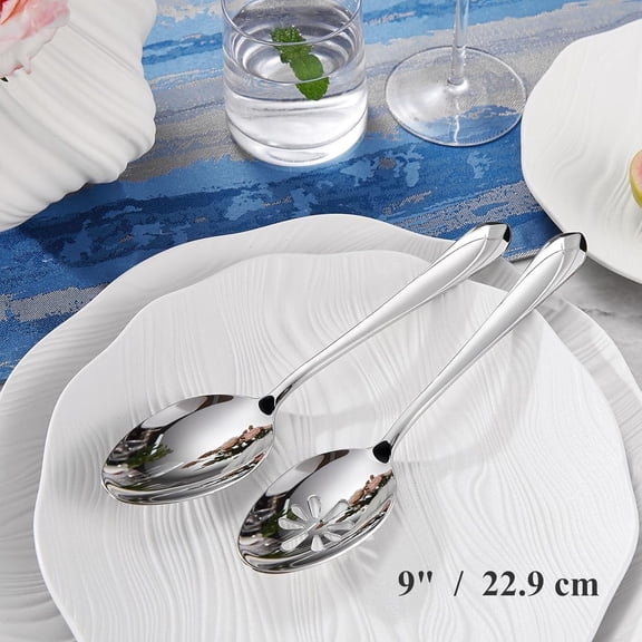 TYHREF-Premium Astra 4-Piece 9 inch Spoon Set  Mirror-Finished 18/10 Stainless Steel with Diamond-Faceted Handles Dishwasher Safe for Modern Dining (4, Serving Spoons and Slotted Spoons)