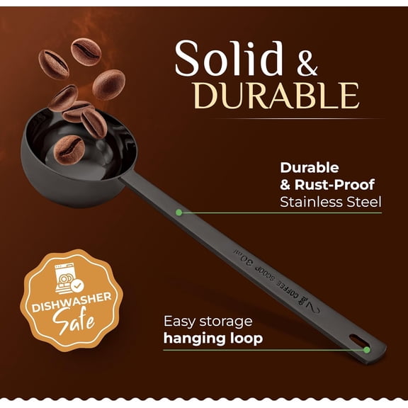 TYHREF-Premium Coffee Scoop Set - 1 Tbsp (15ml) & 2 Tbsp (30ml) Measuring Tablespoon - Stainless Steel Coffee Measuring Spoon and Scooper with Long Handles - Pack of 2 Black