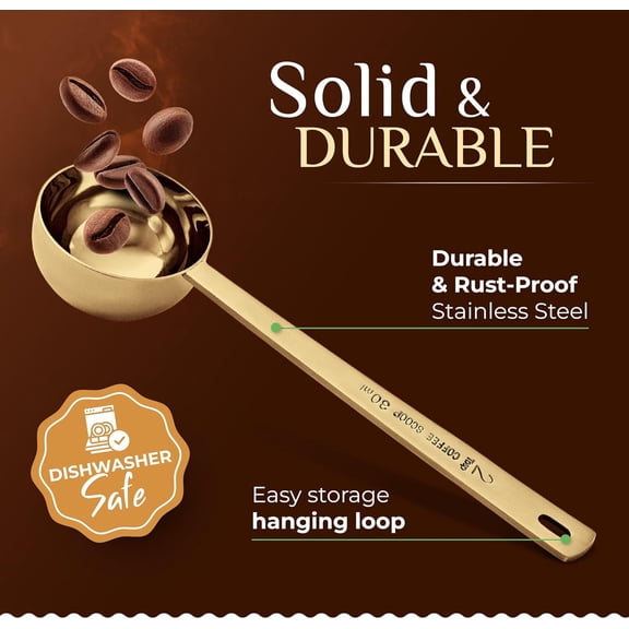 TYHREF-Premium Coffee Scoop Set - 1 Tbsp (15ml) & 2 Tbsp (30ml) Measuring Tablespoon - Stainless Steel Coffee Measuring Spoon and Scooper with Long Handles - Pack of 2 - Gold