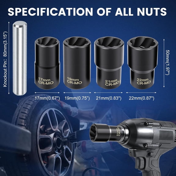 TYHREF-Professional 5-Piece Lug Nut Extractor Set with 1/2-inch Drive, Impact Twist Socket Set,17mm 19mm 21mm 22mm 12mm Wheel Lock Removal Tool Kit for Stripped Lug Nut Remover