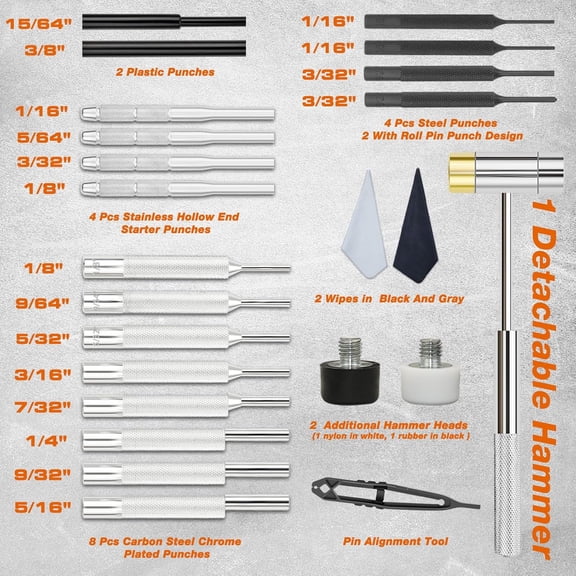 TYHREF-Punch Set, Punch Tools, Roll Pin Punch Set, Made of Solid Material Including Steel Punch and Hammer, Ideal for Machinery Maintenance with Organizer Storage Container (Without Bench Block)