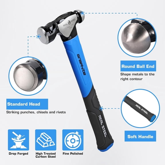 TYHREF-Real Steel Ball Peen Hammer 16oz, Metalworking Tool Forged Steel Head Ball Pein Hammer Jacketed Graphite 0504