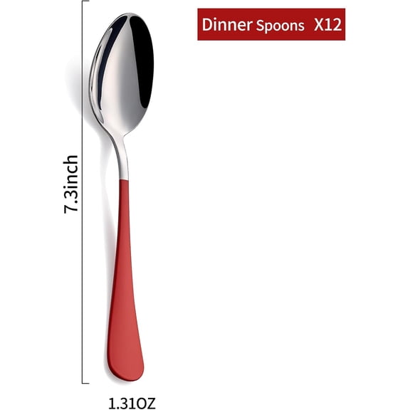 TYHREF-Red Dinne spoons Set 12 Piece,Red Handle Silverware 18/0 Stainless Steel Flatware Bulk,7.3-inch Dessert Spoons Sets Table Set of 12,Mirror Finished Dishwasher Safe