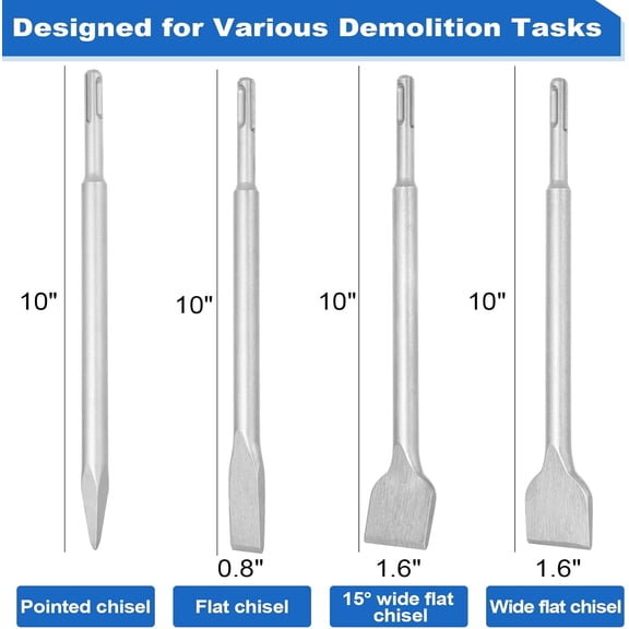 TYHREF-SDS Plus Chisel Set - 4-Piece Heavy-Duty SDS Plus Bits for Hammer Drill, Includes Flat & Pointed SDS Plus Chisel, Professional Tile Removal Tool for Concrete Demolition and Thinset Removal