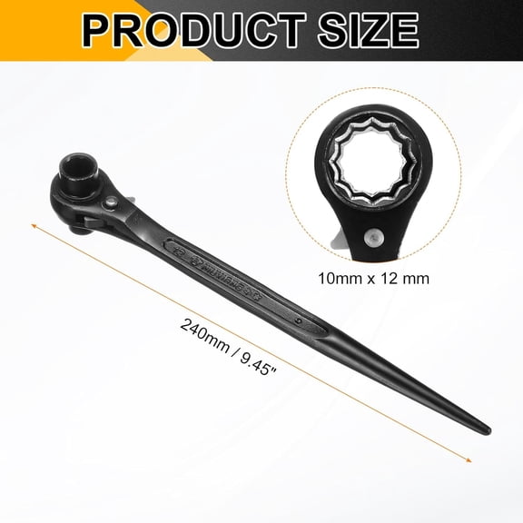TYHREF-Scaffolding Podger Ratchet Wrench 10mm x 12mm CR-V 12 Point Double Ended Socket Ratcheting Podger Scaffold Spud Spanner Tool for Auto Repair Mechanical Maintenance, Black