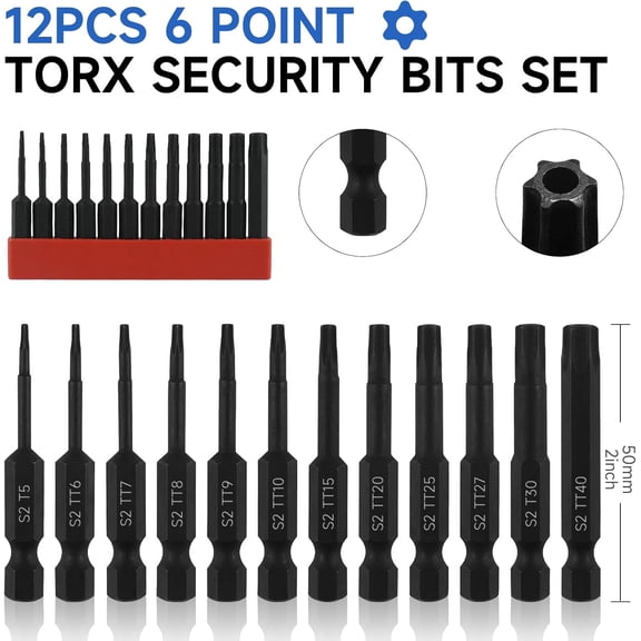 TYHREF-Security Torx Bit Set 12PCS Impact Torx Screwdriver Bits Magnetic S2 Alloy Steel With 1/4" Hex Shank for Professional & Daily Use SizeT5 TT6 TT7 TT8 TT9 TT10 TT15 TT20 TT25 TT27 TT30 TT40