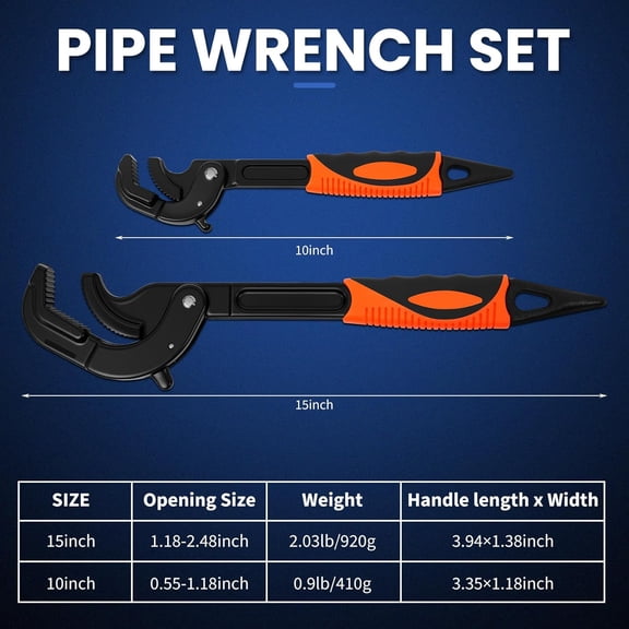 TYHREF-Self-Adjusting Pipe Wrench Set, 10" & 15", Power Grip for Plumbing & Auto Repair, 14-60mm Jaw, Anti-Slip Teeth, Chromium Steel