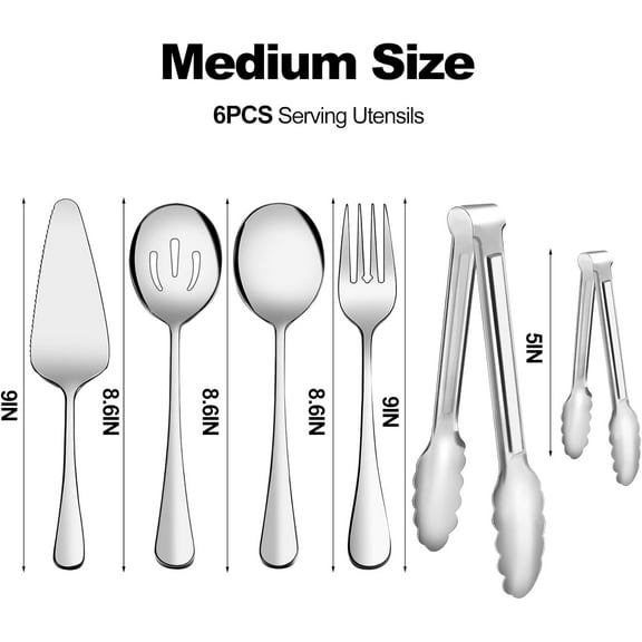TYHREF-Serving Utensils, 6-Piece Stainless Steel Serving Utensil Set Include Serving Spoon, Slotted Serving Spoon, Serving Fork,Serving Tong, Appetizers Tong,Pie Server (Silver), Regular