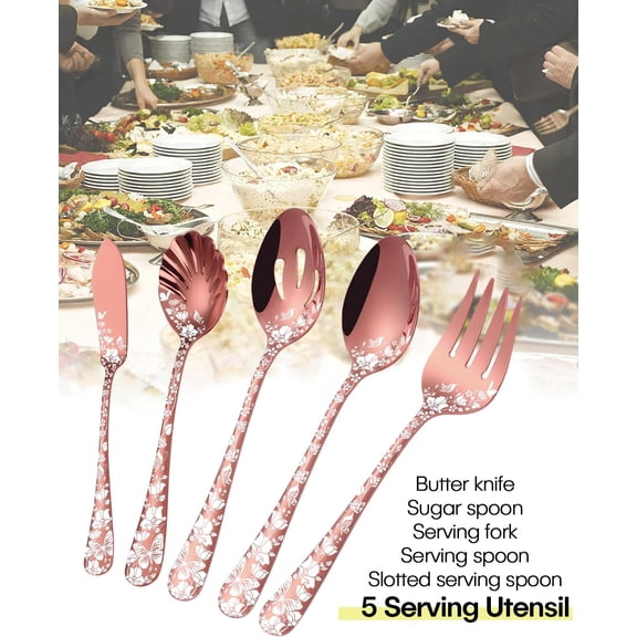 TYHREF-Serving Utensils, Rose Gold 5-Piece Large Hostess Set, Stainless Steel Flatware Serving Set, Ideal for Buffet Catering Party, Mirror Polished, Dishwasher Safe