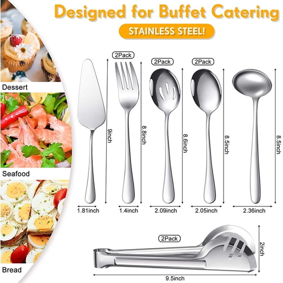 TYHREF-Serving Utensils Set Include Stainless Steel Large Spoons Slotted Spoons Forks Tongs Soup Ladle and Pie Server for Parties Buffet Catering, Dishwasher Safe(Silver,10 Pieces)