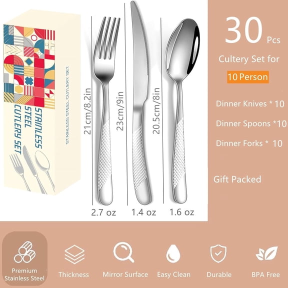 TYHREF-Silver Hammered Silverware Set for 10 Rustproof Stainless Steel Flatware Cutlery 30 Pcs Dinner Knife Forks and Spoons Dinning Tableware Utensils for Home and Restaurant Lunch Dinner