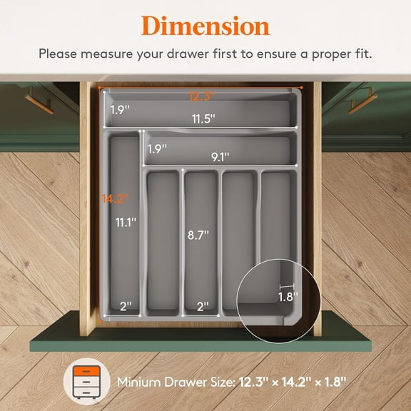 TYHREF-Silverware Drawer Organizer Tray, Plastic Cutlery Storage for Kitchen Drawer, Flatware and Utensil Holder Divider for Spoons Forks Knives Tableware, 7 Compartment, Gray