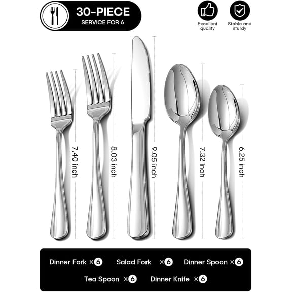 TYHREF-Silverware Set, 30-Piece Flatware Set for 6 Include Forks Spoons Knives Stainless Steel Utensil Set, Mirror Polished Dishwasher Safe Tableware Cutlery Set for Home, Restaurant, Party, Wedding