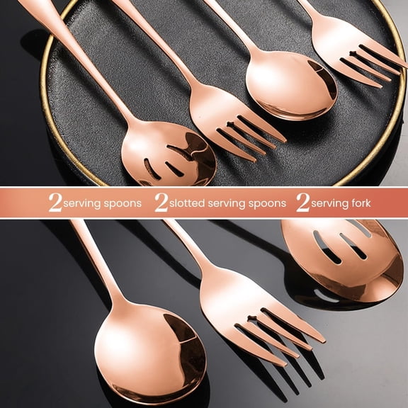 TYHREF-Silverware Sets, Includes 2 Serving Spoon,2 Slotted Serving Spoon, 2 Serving Fork, Stainless Steel Serving Spoons for Parties,Buffet Serving Utensils Set (Rose Gold)