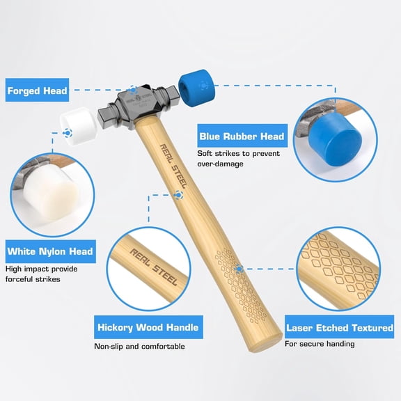 TYHREF-Small Rubber Mallet Hammer 12 Oz Double Face Hammer Soft/Hard Hickory Wood Handle (0312)