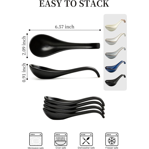 TYHREF-Soup Spoons, Ceramic Soup Spoon Set of 6-6.5 inch Tablespoons, Dishwasher & Microwave Safe, Chinese Spoons with Deep Hook Design, Black