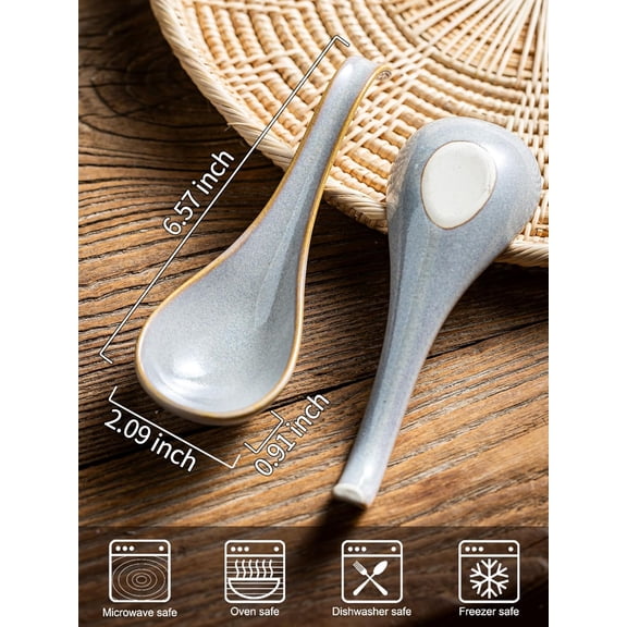 TYHREF-Soup Spoons Set of 6, Asian Soup Spoons 6.5 Inch Ramen Spoons, Christmas Ceramic Chinese Spoon Set for Soup, Cereal, Pho, Noodles, Dumpling, Miso, Wonton, Dishwasher Safe, Gray