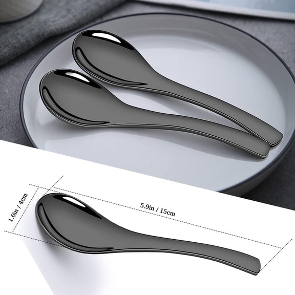 TYHREF-Soup Spoons, Stainless Steel Black Korean Spoons Asian Soup Spoon, 6.3 inches Heavy Duty Asian Style Thick Short handle Ramen Spoon for Soup Cereals, Set of 6